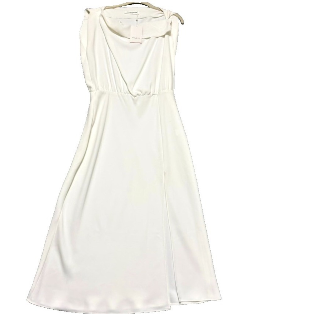 Amanda Uprichard Morrison Dress Women L Ivory White Cowl Neck Midi Slit Cocktail